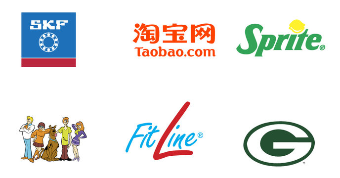 FitLine logo, Sprite logo, Scooby Doo logo, Green Bay Packers logo, Taobao logo, SKF logo, printed on white paper, editorial vector illustration.