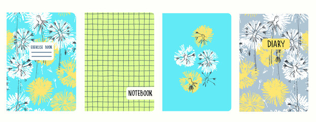 Naklejka premium Set of cover page templates with dandelions. Based on seamless patterns. Headers isolated and replaceable. Perfect for school notebooks, diaries