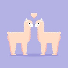 Happy alpaca couple in love, together forever. Background or a postcard for weddings, Valentine's Day, anniversary and other events, holidays and celebrations related to feelings of love, romance