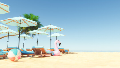 Plakat Loungers and parasols with inflatable toys on sandy seashore on summer day