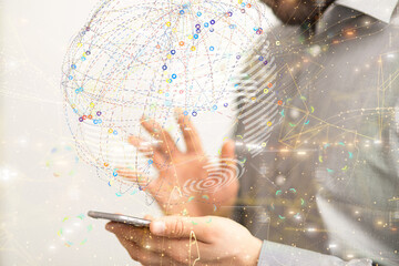 abstract lines with dots over dark background.