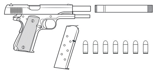Vector illustration of the famous american automatic pistol with a breech in the rear position and equipment such as a silencer, magazine and cartridges on a white background