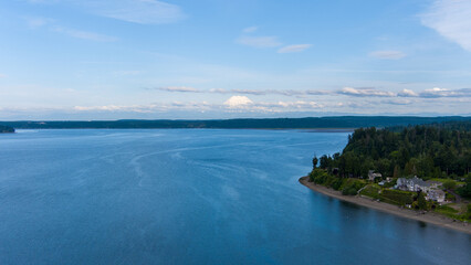 Mount Rainier on the horizon from above the Puget Sound 