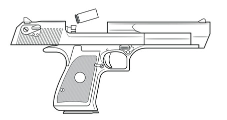 Vector illustration of the automatic pistol  with the breech in the rear position and the cartridge case falling out on a white background