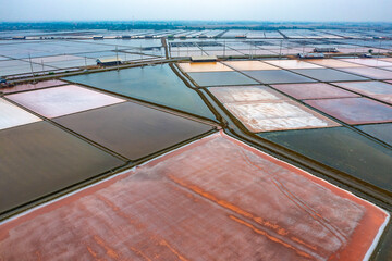 Aerial view of Salt farms in Phetchaburi province, Thailand