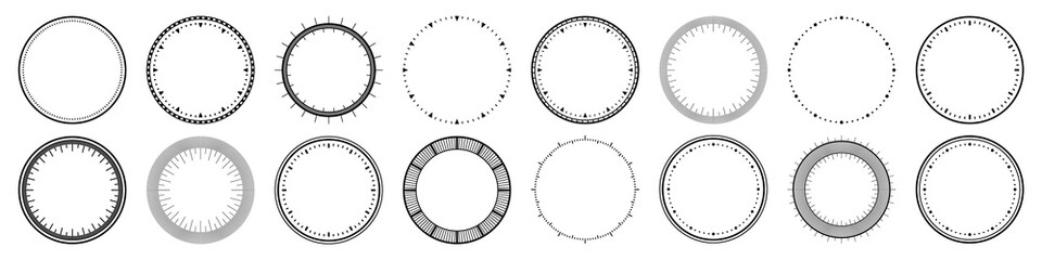 Mechanical clock faces, bezel. Watch dial with minute and hour marks. Timer or stopwatch element. Blank measuring circle scale with divisions. Vector illustration.