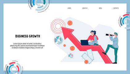 Corporate growth and development strategy for website banner or landing page. Webpage template for financial and company strategic consulting services. Success and career opportunity choice.