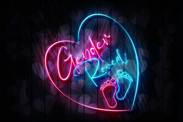 Gender Reveal Pink and Blue Neon Sign on a Dark Heart decorated Wooden Wall  3D illustration.