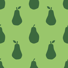 Green Pear Seamless Pattern, in Flat Design Style. Hand Drawn Pear Fruits on Green Background, Simple Repeating Design. Summer Illustration