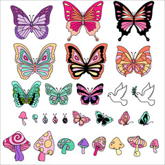 Set of Retro Butterflies and Mushrooms