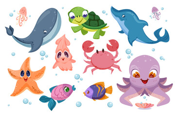 Schattige zeedieren en verschillende vissen. Onderwater oceaanleven met grappige karakters van octopus, schildpad, zeester, inktvis en krab. Gelukkig walvis en dolfijn. Waterwezens instellen platte vectorillustratie.