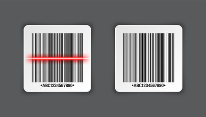 Realistic barcode sticker on gray background. Identification tracking code. Serial number, product ID with digital information. Store or supermarket scan labels, price tag. Vector illustration.