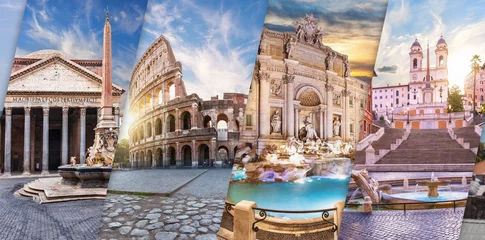 Foto auf Glas Coliseum, Trevi Fountain, Pantheon, Spanish Steps in one collage of Rome, Italy © AlexAnton