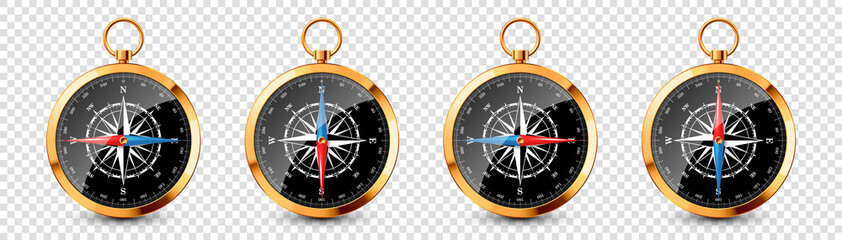 Realistic golden vintage compass with marine wind rose and cardinal directions of North, East, South, West. Shiny metal navigational compass. Cartography and navigation. Vector illustration.