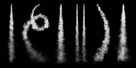 Realistic airplane condensation trails. Space rocket launch. Missile or bullet trail. Jet aircraft tracks. White smoke clouds, fog. Steam flow. Vector illustration. © 32 pixels