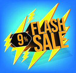 Flash sale for stores and promotions with 3d text in vector. 9% discount off