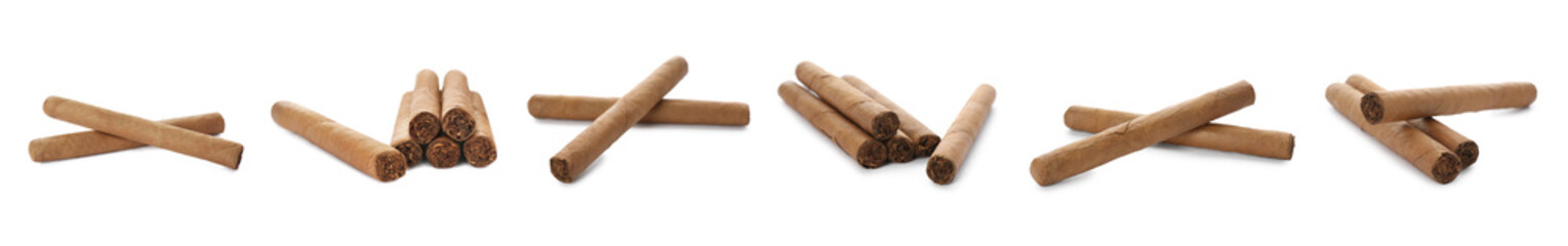 Set of cigars wrapped in tobacco leaves on white background. Banner design