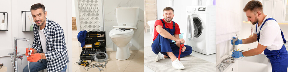 Collage with photos of professional plumbers and their tools, banner design