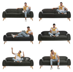 Collage with photos of man sitting on stylish sofa against white background