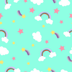 Childish pattern with rainbow and clouds. Stars. High quality vector illustration.
