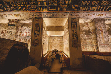 View to the White Stone Sarcophagus inside the Ancient Egyptian Tomb of the Valley of the Kings in...