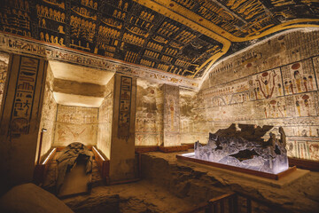 View to the White Stone Sarcophagus inside the Ancient Egyptian Tomb of the Valley of the Kings in...