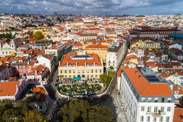 Fototapeta na wymiar Aerial view of the skyline of Lisbon cityscape with beautiful old houses