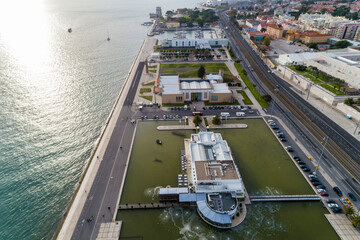 Aerial view of the promenade by Belem touristic area on the Tagus river