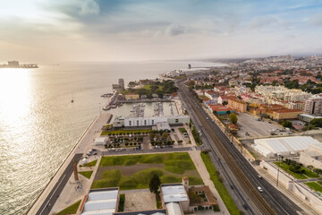Fototapeta premium Aerial view of the promenade by Belem touristic area on the Tagus river