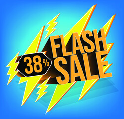 Flash sale for stores and promotions with 3d text in vector. 38% discount off