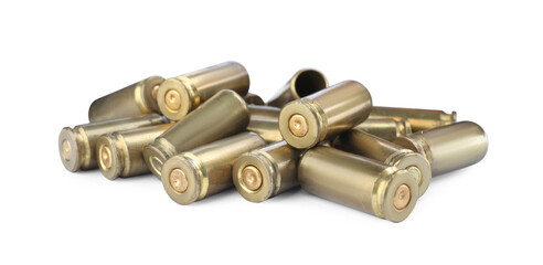 Cartridge cases isolated on white. Firearm ammunition