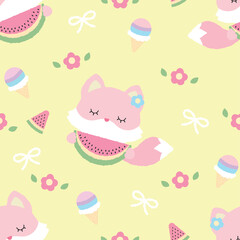 Cute pink fox hold the watermelon seamless pattern on yellow background decorate with flower and ice cream.