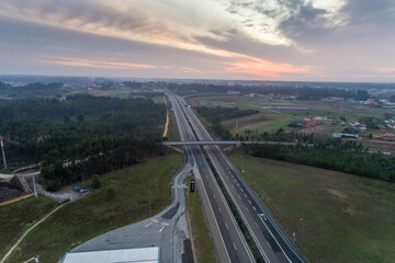 Aerial of a gas station on the highway in the way from Lisbon to Porto by sunset