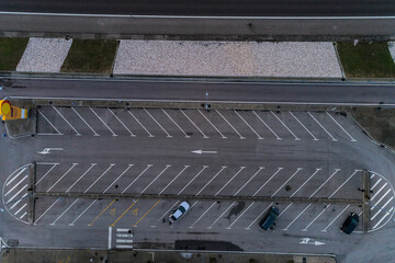 Aerial of a parking lot by a gas station on the highway in the way from Lisbon to Porto