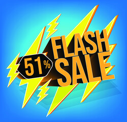 Flash sale for stores and promotions with 3d text in vector. 51% discount off