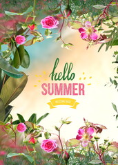  floral  summer hello text tropical leaves and pink kiss blue sea sky text greetings card  creative concept banner template, background