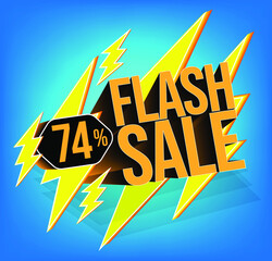 Flash sale for stores and promotions with 3d text in vector. 74% discount off