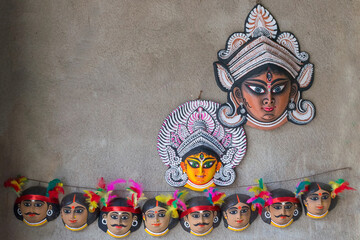 Purulia, West Bengal, India - August 15th 2017 : Colorful Chhau (or chhou) masks of Goddess Durga...