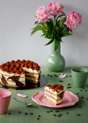 Tiramisu cake with a beautiful floral background