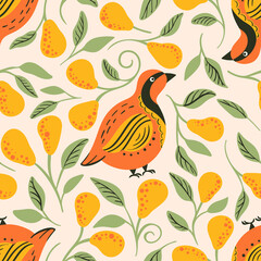 partridge and pear tree seamless vector pattern. Christmas bird background - obrazy, fototapety, plakaty