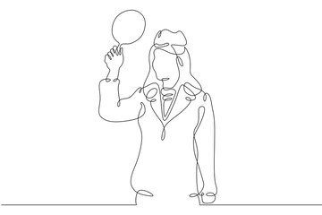 One continuous line.A woman railway worker gives a signal. Railway worker female character.One continuous line is drawn on a white background.