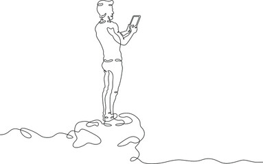 One continuous line.A young man determines the location using a mobile phone. Geolocation using mobile communications.Man with phone.One continuous line is drawn on a white background.