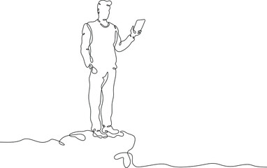 One continuous line.A young man determines the location using a mobile phone. Geolocation using mobile communications.Man with phone.One continuous line is drawn on a white background.
