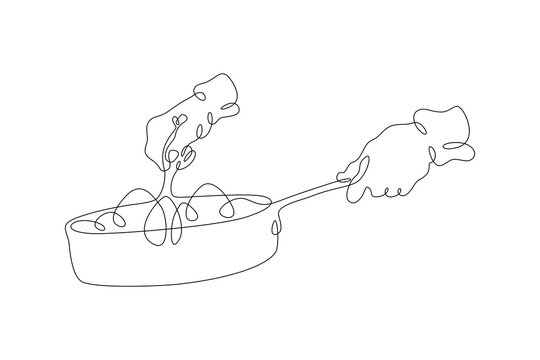 One continuous line.The hands of the cook. The cook prepares food in a frying pan. Cooking food on fire. The chef stirs the food being prepared.One continuous line is drawn on a white background.
