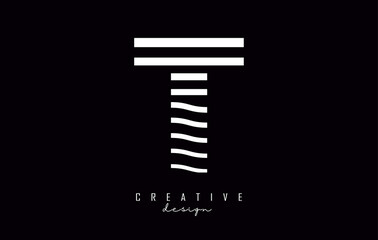 Letter T logo design with white lines. Vector illustration with wavy lines.