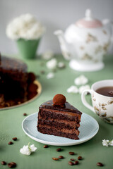 Chocolate and cherry cake on a floral background and a great background