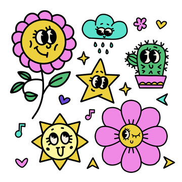 Abstract retro cartoon characters set. Cartoon 30s 40s 50s clip art floral mascots with funny faces. Cloud, flowers, cactus, sun and star. Vector psychedelic illustration.