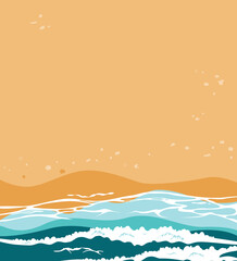 Summer beach landscape with sea waves and sand. Foamy waves runs over the sandy shore top view. Hand drawn background. Vector illustration.