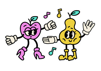 Traditional Cartoon Illustrations in retro style and trendy bright colors. Hand drawn characters of dancing apple and pear. Crazy cartoon comic fruits with hands in gloves.Vector clipart .