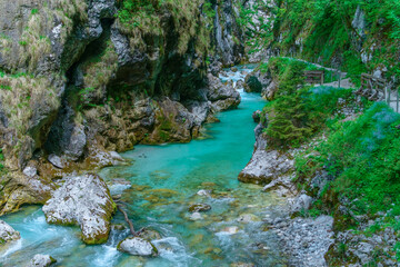Fototapeta na wymiar The beautifull emerald green river Soca in the middle of the triglav national park, Slovenia